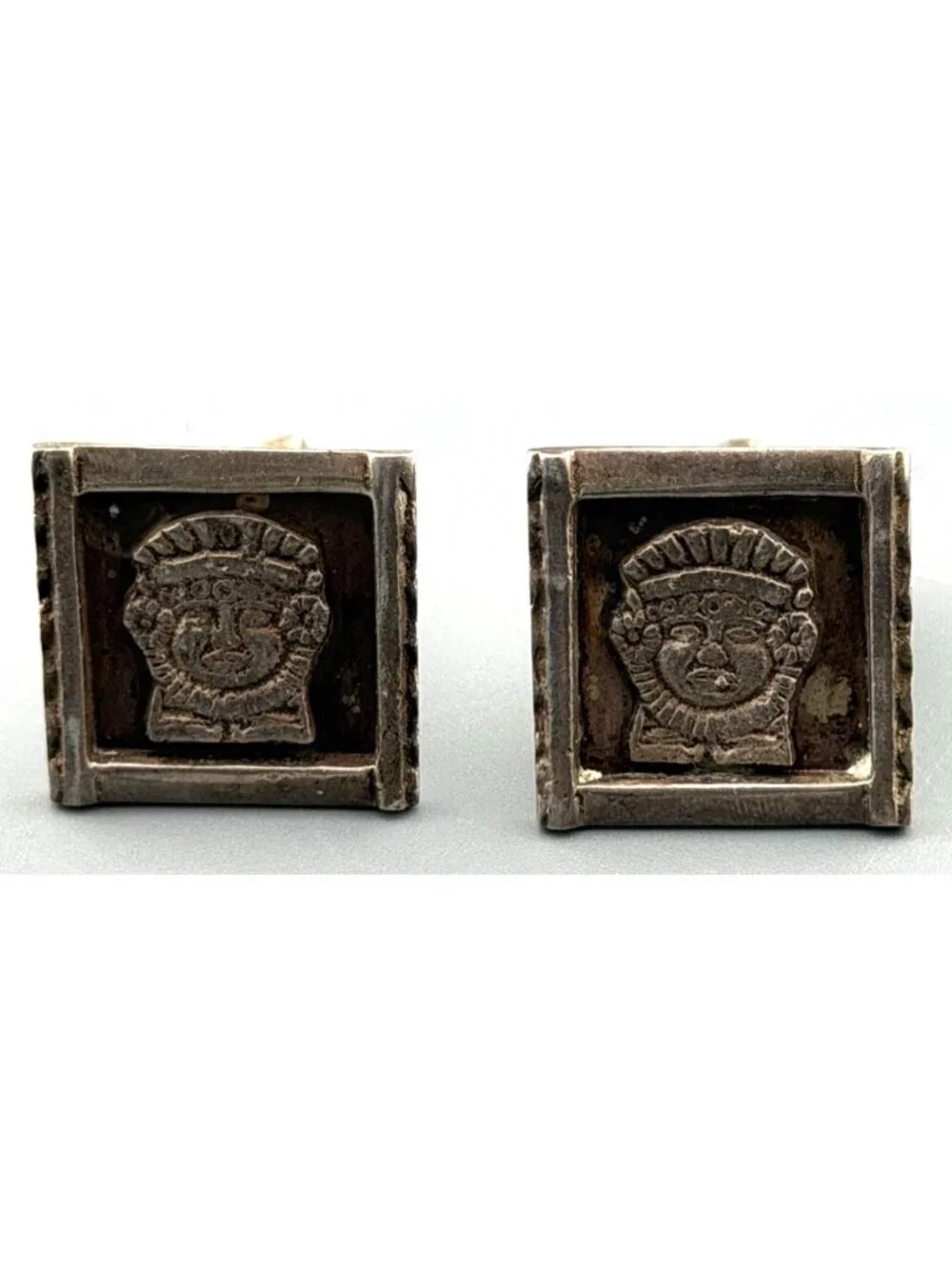 Vintage Aztec Style Sterling Silver Cufflinks Square High Relief XRF Tested 94%